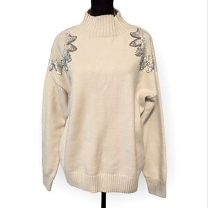 Melanie Lyne Beaded Shoulder Cream Sweater Soft 80s Look
